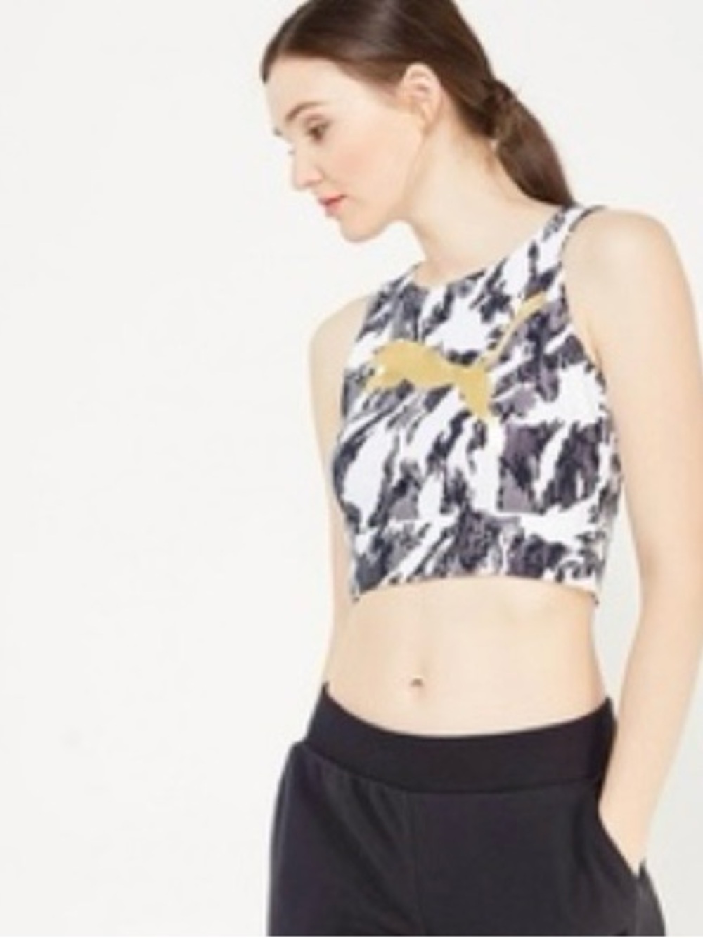Puma Gold-Logo Marble Crop Tank in White, Black & Gold Sz S